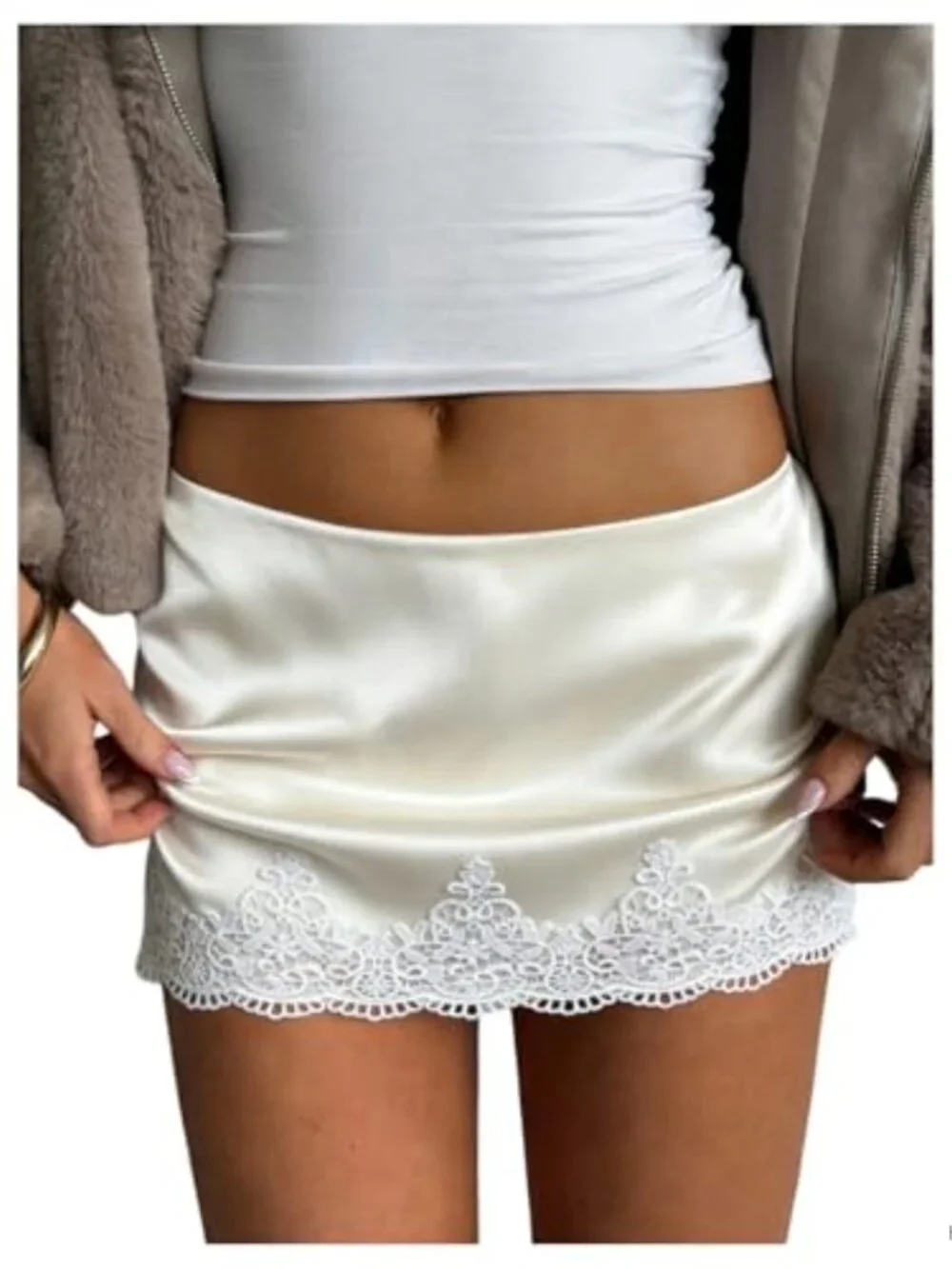 Satin Lace Mini Skirt Low Rise Y2K Pencil Skirt with Shorts Underneath